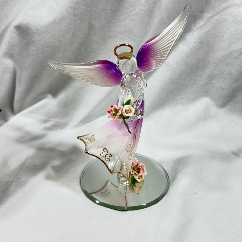 Glass Baron Purple Frosted Glass Angel Figurine 22kt Gold Accents A6 869V 6 inch